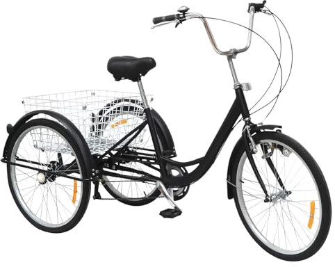 HINOPY Dreirad für Erwachsene, 24 6-Gang Erwachsenendreirad 3 Rad Fahrrad Senioren Tricycle mit Körb für Einkaufen, Reisen, Picknick (Schwarz)