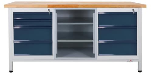 Steinbock Werkbank mit 7 Schubladen und 2 Regalböden | 500 kg Tragkraft | HxBxT 84 x 170 x 60 cm | Anthrazitgrau | 4 cm Starke Holzplatte | stabiles Stahlgestell | Made in EU | Profi-Werktisch