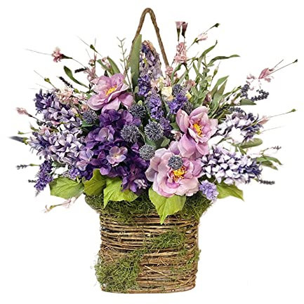 Türkranz für die Haustür, Hängender Korb, Lavendel, Hortensien, Wildblumen, Türhänger, Korbkranz, Künstlicher Frühlings- und Sommerkranz für Heimdekoration(Lavendel)