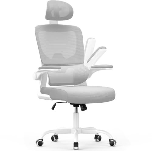 naspaluro Sedia Da Ufficio Ergonomica Con Supporto Lombare Adattativo a Forma Di C, Poggiatesta Regolabile, Braccioli Ribaltabili, Sedia Da Ufficio a Rete Traspirante per Scrivania, Casa,Bianco-Grigio