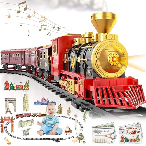Tren Juguete para Niños,Control Remoto Juegos de Trenes de Vapor con Humo,Tren Clásico Infantil,Conjunto Navideño de Vías,Juego de Trenes Navideños,Juego de Tren Eléctrico para Niños