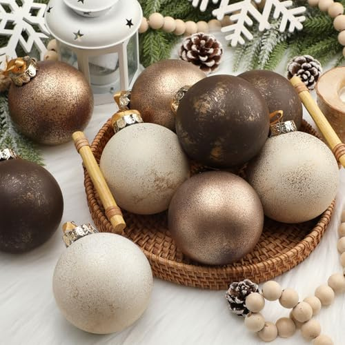 Yunlly Neutrale Weihnachtsschmuck, 8,9 cm, Elfenbein, Gold, Bronze, 12 | Bruchsichere metallische Weihnachtskugeln, Bauernhaus-Weihnachtsbaumschmuck, rustikale antike moderne Weihnachtsdekoration