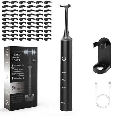 Filo interdentale elettrico con 50 testine di ricambio, 3 modalità, 800 mAh, ricaricabile, per la cura delle gengive dei denti (Nero, ricarica di tipo C)