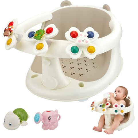 Hoyiyobi Asiento de baño para bebé 2 en 1 con juguetes a partir de 6 meses – Asiento de baño ergonómico con 4 ventosas, asiento de baño antideslizante con cinco juguetes para bebés y niños pequeños