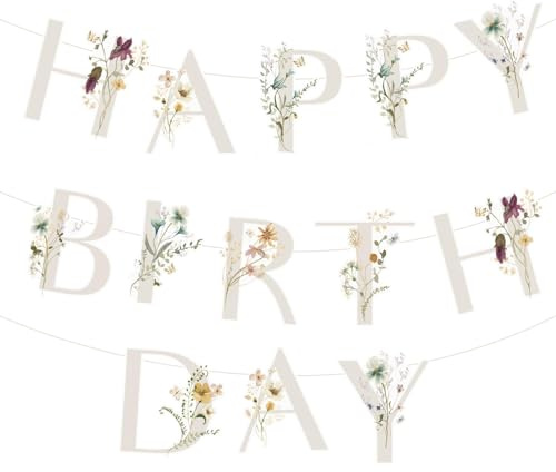 Wildblumen Happy Birthday Banner, Blumendeko Geburtstag Girlande für Frauen, Floral Papiergirlande Hängende Party Deko für Babyparty, Hochzeit, Gartenparty und Frühlingsfeier Geburtstag Dekoration
