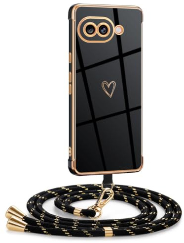Mkej Coque pour Google Pixel 10A avec Cordon, Coque avec Collier Motif Coeur d'amour Silicone Galvanisé Housse, Réglable Amovible de Cordon Case pour Google Pixel 10A, Or Noir