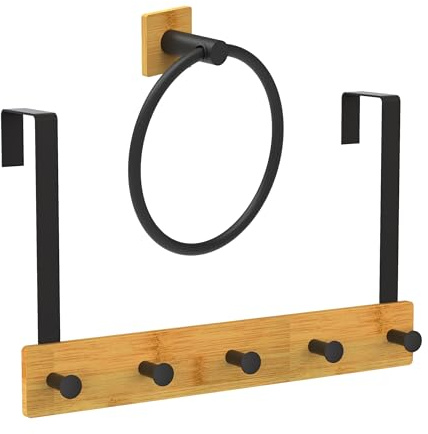 Relaxdays Türgarderobe & Handtuchring, Metall, Bambus, Türhaken zum Einhängen, Handtuchhalter ohne Bohren, schwarz/Natur