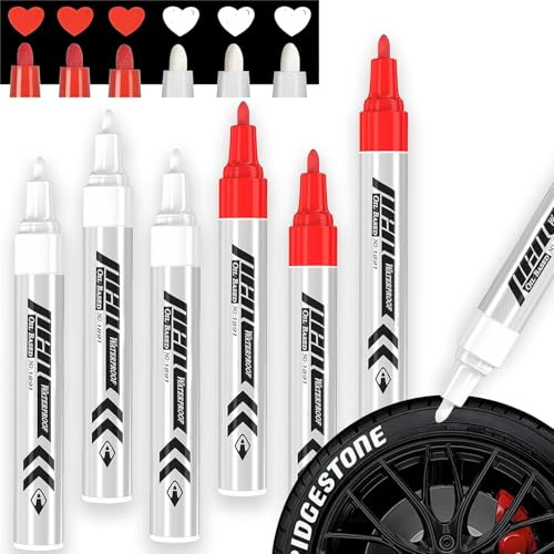 AegisKnetic PROFI-SET Tyre Marker Pens | Waterproof White Paint Marker for Car, Motorbike & Bike Tyres | Writes on Ceramic, Wood, Leather, Plastic, Glass & More (3pcs Red& 3pcs White)
