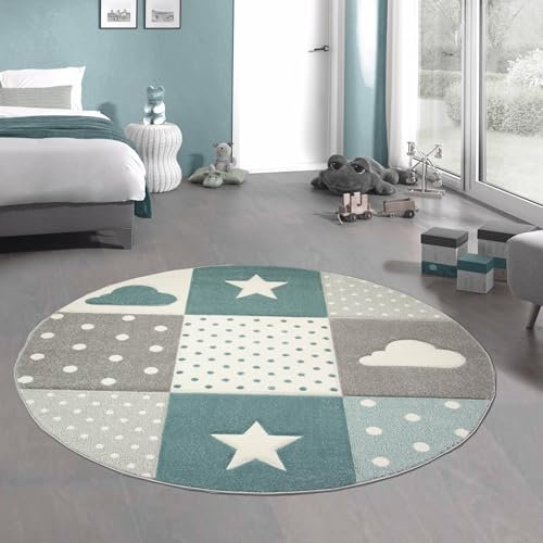 CARPETIA Kinderteppich Spielteppich Babyteppich Junge Stern Wolke in blau hellblau türkis Größe 120 cm Rund