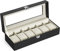 SONGMICS Uhrenbox mit 6 Fächern, Uhrenbox, Schatulle, Glasdeckel, abnehmbare Polster, Schloss aus Metall, schwarze Beschichtung und Futter in grünlichem Beige JWB06BE