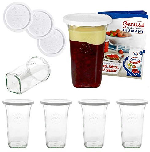 MamboCat 6er Set Weckgläser 795 ml Quentin-Glas eckig I Original Weck Glas mit Frischhalte-Deckel I Weck Dessertglas Sturzglas I Einweckgläser Set inkl. Diamant-Zucker Gelierzauber Rezeptheft