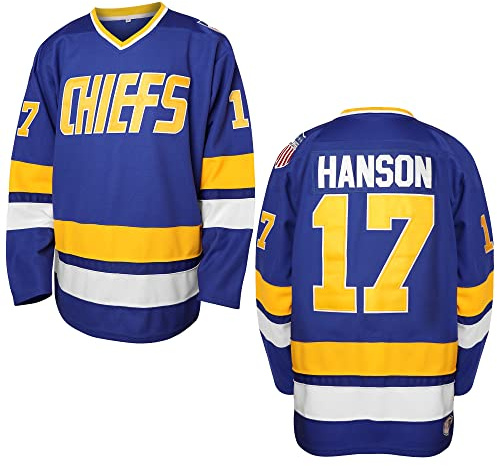 Hanson Brothers Hockeytrikot 16 Charlestown Chiefs 17 Jeff Slap Shot 18 Movie Hockeytrikot Blau Weiß S-3XL, 17 Blau, Groß