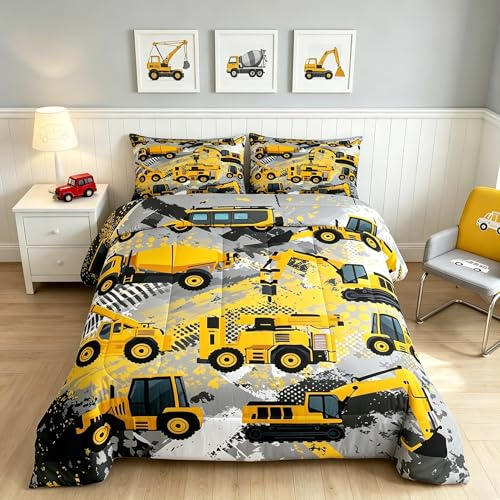 Feelyou Kinder-Bettwäsche-Set, Queen-Size-Größe, Bettwäsche-Sets für Jungen, Kleinkinder, Kinder, Cartoon-Bagger, Traktor, Tröster-Set, Baumaschinen, LKW-Bettwäsche-Set, Baby, Jungen, Fahrzeuge, Autos