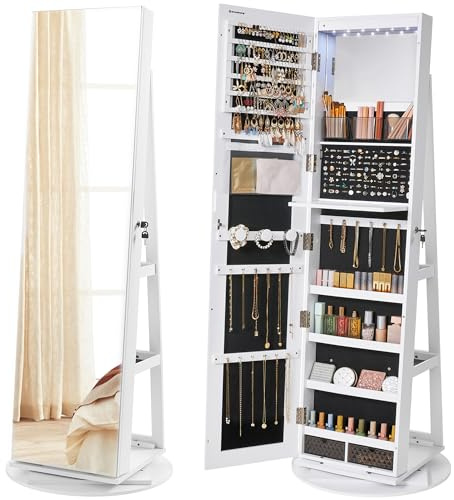 SONGMICS 6 LEDs Lockable Mirror Jewelry Cabinet, 360° Swivel Jewelry Organizer Armoire Standing, Full-Length Mirror with Storage, Mothers Day gifts for Mom, White Surface, Black Lining UJJC007W01
