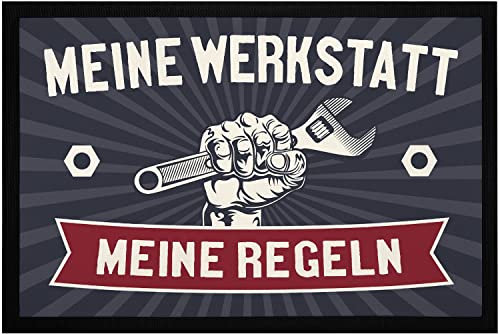 MoonWorks® Fußmatte lustig mit Spruch Meine Werkstatt Meine Regeln Geschenk für Papa Opa Handwerker rutschfest & waschbar schwarz 60x40cm