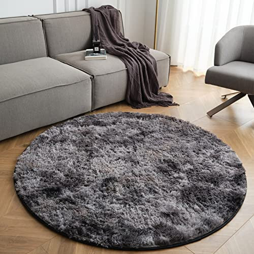 CHOSHOME Runden Teppiche Rund 150CM Weich Groß rutschfest Waschbar Teppich Wohnzimmer Hochflor Teppich Shaggy Modern Langflorteppich Schlafzimmer Kuschelig Bettvorleger Home Grau/schwarz Waschbarer
