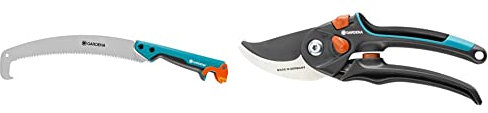 Gardena combisystem-Gartensäge 300 PP gebogen(8738-20) & Gardena Gartenschere B/S XL: Pflanzenschonende Baumschere mit Bypass-Schneide für Äste und Zweige, max. Schneid-Durchmesser 24 mm