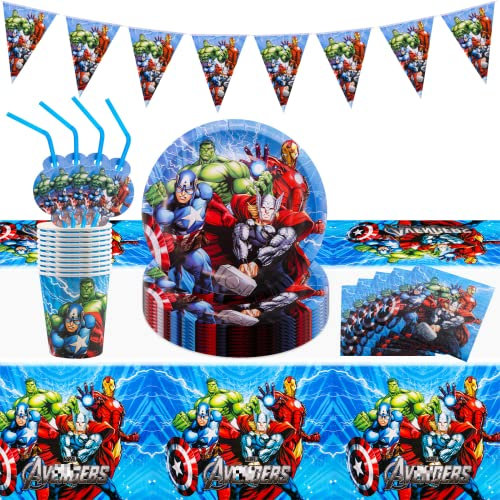 Heartsking Birthday Party Tableware 42 Stück Superhelden Geburtstag Deko PartygeschirrSet, Geschirrset mit Party Pappteller Becher Servietten Tischdecke