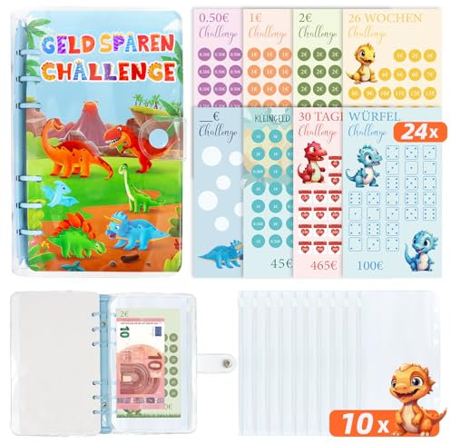 Budget Planner Deutsch Kinder - 8 Sparchallenges für kleine Budgetplaner - Budget Planner Zubehör - Budget Binder A6 - Spar Challenge Set DIY | 0.5€ | 1€ | 2€ | 26 Wochen | Kleingeld | 30 Tage |Würfel