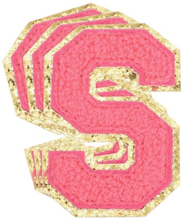 sourcing map 3Pcs Chenille Letters Patches Large Size 3.15x2.17 Iron-on Letters S Golden Glitter Embroidered Patches for Clothing, Shoes, Hats, Backpacks Pack (Hot Pink)