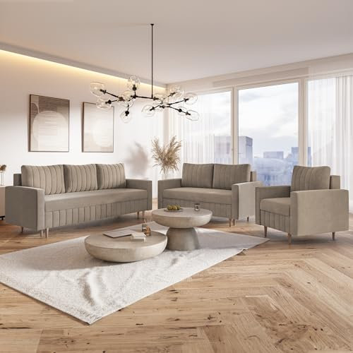 MOTIVENA Leo Sofagarnituren, Sofa Set 3 2 1 Wohnzimmer, Sofa 3 2 1 Set, Couch Set, Futon Set, Wohnzimmer Couch Set, Couch 3 2 1 Set, Taschenfederkern (H3), Samt, Beige