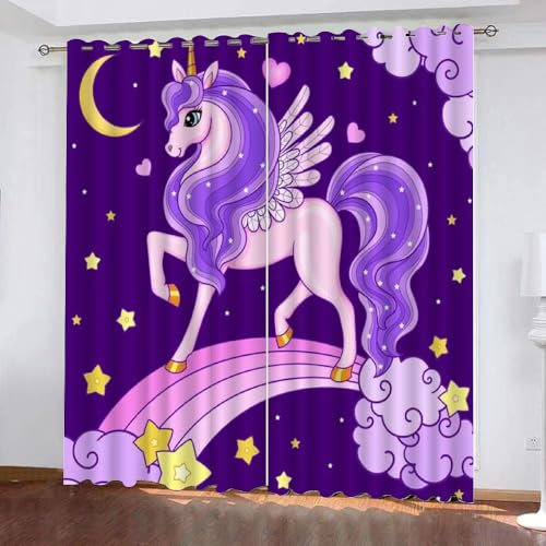 Lila Mädchen Gardinen Motiv Einhorn Regenbogen 2 Stück H 175Cm X B 140Cm, Vorhang Blickdicht Ösen Kurz,Verdunklungsvorhänge Kinderzimmer Mädchen Jungen,Kinder Vorhang Verdunkelung Für Schlafzimmer,A25
