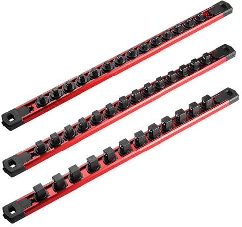 Magnetic Socket Organizer Set, 3PCS Aluminum Alloy Socket Rail, Heavy Duty Socket Holder, Socket Rack Kit 1/4-Inch x 14 Clips, 3/8-Inch x 14 Clips, 1/2-Inch x 12 Clips