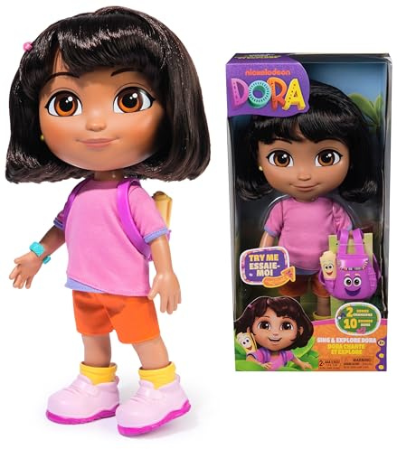Dora - Singende und Erforschende Puppe – Interaktive Figur 30 cm – 1 Figur 7 Zubehörteile 2 Lieder & 10 Sounds – zweisprachig Französisch Englisch – Cartoon Spielzeug Puppenhaus – Spielzeug für Kinder