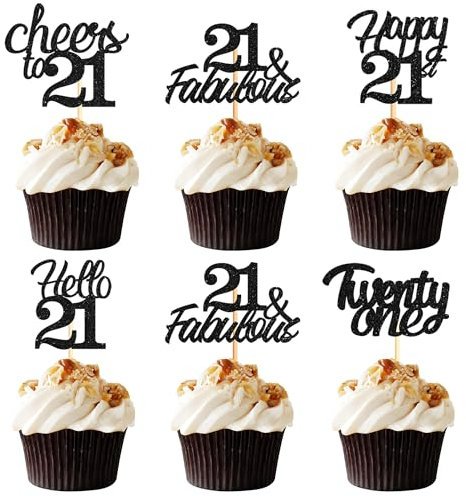 Sotpot 30 Pack 21st Birthday Cupcake Toppers Hello 21 Cheers to 21 Years Cupcake Picks for 21st Birthday Anniversary Party Cake Decorations Black Glitter