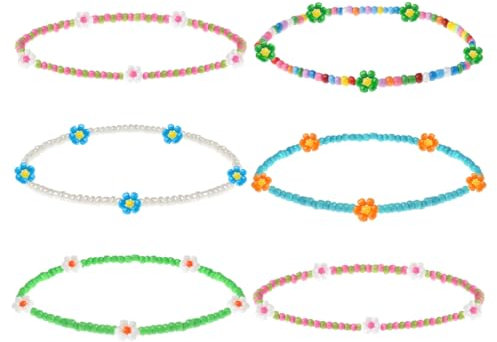 IKOPFLN Lot de 6 bracelets de cheville faits main en perles bracelets de cheville colorés style bohème accessoires de plage personnalisés et élastiques