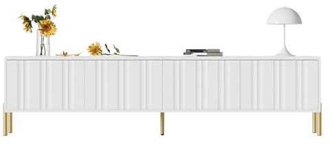 LERFAN Meuble TV blanc - 190 cm de long x 38 cm de large x 48 cm de haut - Pieds de table dorés - Design de porte rainuré