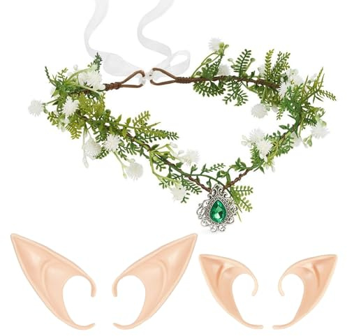 AKINSTER Elfen Kopfschmuck mit 2 Paar Elfenohren Erwachsene Elfen Kostüm | Elfenkrone Waldfee Stirnband Accessoires Damen für Karneval Halloween Fantasy Cosplay Hochzeit Foto-Requisiten