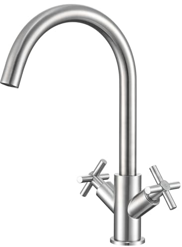 CECIPA Kitchen Sink Mixer Tap, Dual Lever Kitchen Tap with 360 Swivel Spout | Brushed Stainless Steel & Ceramic Cartridge, Water Saving Aerator, Traditional Modern Style, UK Standard Install for Kitchen