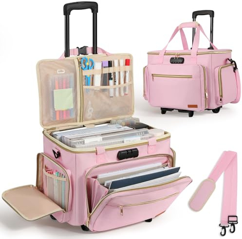 Housolution Rolling Teacher Bag with Wheels, Fits for 17 Laptop, Pink | Teacher Tote Bag with Detachable Trolley, Laptop Work Case with Anti Theft Lock, Briefcase Cart with Accordion File Organizer