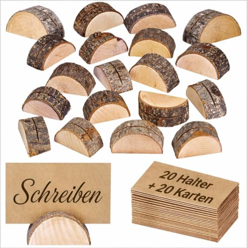 Dexpally 20 Stück Tischkartenhalter Kartenhalter , Tischkarte Inhaber Holz Kartenhalter Hochzeit , mit 20Stk Kraftpapier Karte für Party, Rustikale Hochzeiten