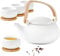 ZENS Ceramic Infuser Teapot, Bentwood Handle Matte White Japanese Tea Set, 800ml Loose Tea Pots with 4 Cups & Rattan Coasters for Adults Gift