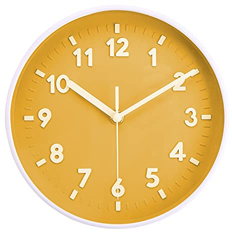 Topkey 8 Inch Silent Wall Clock Easy Readable Big Numbers Non Ticking Round Stylish Modern Clock Decorative for Kitchen Home Dining Room and Office-Yellow