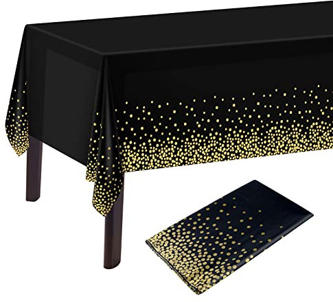 PLULON Schwarz und Gold Dot Tischdecke 137 x 274 cm Kunststoff Rechteck für Party Geburtstag Tischdekoration