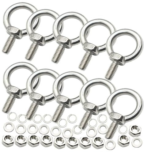 Floyutin Bullone ad occhiello M6 in acciaio inox da 14 mm, lungo anello maschio filettato vite di sollevamento con dadi rondelle, 10 pezzi
