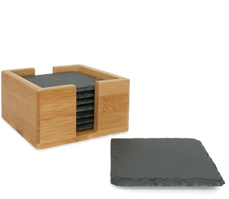 Intirilife 11-teiliges Untersetzer Set aus Schieferstein in Schwarz mit Bambushalterung und Kreidestiften - 10 x 10 cm - Getränke Flaschen Glas Untersetzer zum Beschriften mit Kreide