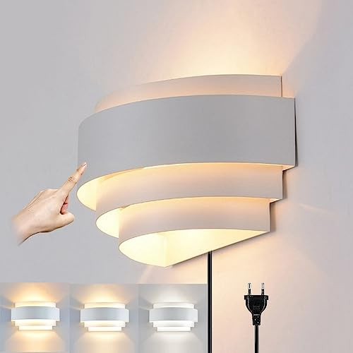 LED Wandleuchte Mit Stecker Dimmbar Nachttischlampe Touch Control Leselicht Modern Wandlampe Innen Wandbeleuchtung aus Acryl Für Schlafzimmer Wohnzimmer Nachttisch Treppen Flur Büro Küche, 9W (Weiß)