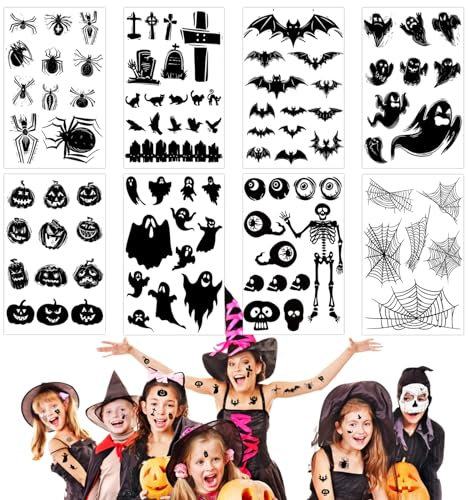 8 Blätter Halloween Tattoos Kinder, Karneval Tattoo, Wasserdichte Tattoo Temporär Halloween Kinder Party mit Andere Sticker Deko Halloween Party für Halloween Mitgebsel, Faschingsschminke Kinder