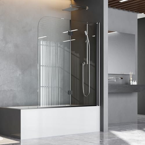 Duschwand für Badewanne 120 x 140 cm Badewannenfaltwand 2-teilig Faltbar Duschtrennwand 6mm Nano Glas Schwarz Faltwand Duschabtrennung