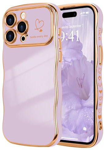 LCHULLE for iPhone 14 Pro Max Case for Women Girls,Cute Curly Wave Frame Shape Love Heart Pattern Phone Case,Raised Camera Protection Plating Shockproof Cover for iPhone 14 Pro Max 6.7,Light Purple