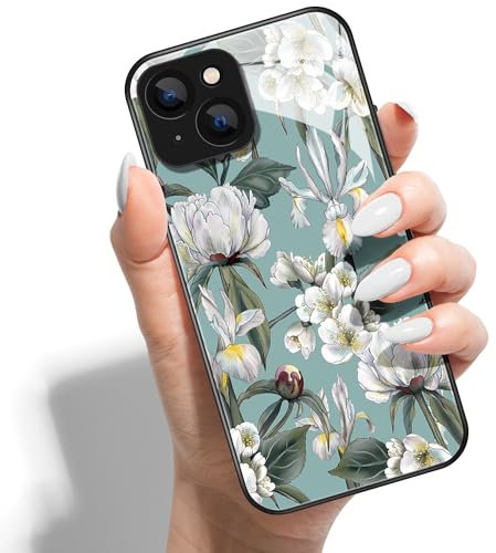 Printed Phone Case for iPhone 12 Pro Max 6.7 HD Glass PC Hard Back Cover with Shockproof Silicone Skin Butterfly Love Marble Pattern Design for Girls Boys -White Flowers