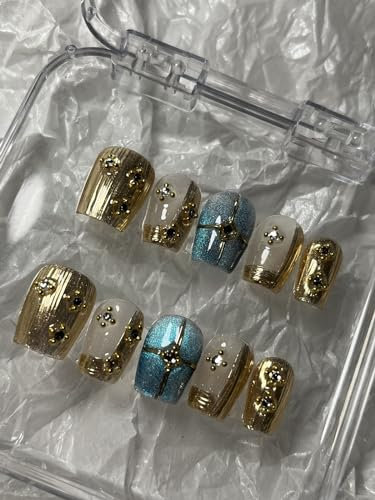 Handmade Press on Nails Short MouyouGlow, Ballerina Gold Blue 3D Crystal Magnetic Stars Resuable Fake Nails with Self-Adhesive, Handmade Artificial Fingernails, 10 Pieces (#30-L)