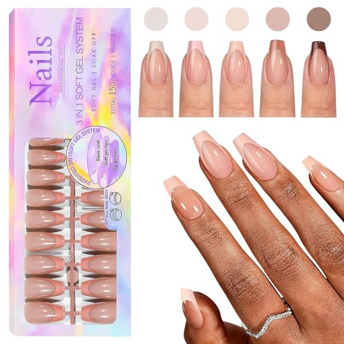 CHANGAR French Gel Nail Tips, 150Pcs Extra Short Coffin French Tip Press on Nails with Pre-applied Tip Primer & Base Coat No Need File False Nails for Nail Art DIY(Brown- trapezoid)