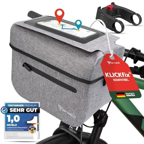MIVELO Lenkertasche Fahrrad für KLICKfix inkl. Adapter - 100% wasserdicht - Fahrradtasche Lenker - abnehmbares Handyfach - Lenkertasche - Tasche Lenker - E-Bike tauglich (Grau mit Adapter)