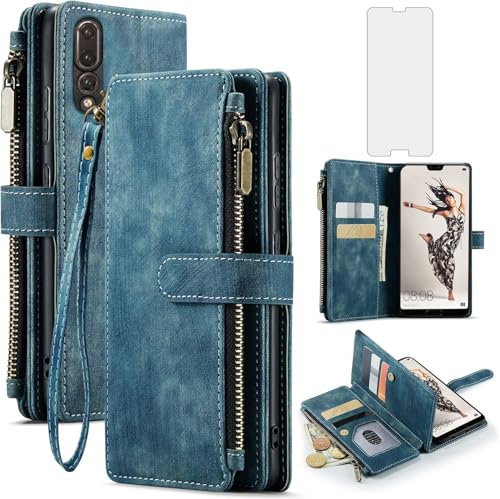Asuwish Funda para Huawei P20 Pro Funda con lámina protectora de pantalla Tarjetero Plegable Cuero Monedero Soporte Hawaii P 20 20Pro CLT-L29 CLT-L09 Teléfono Móvil Fundas Funda Wallet Cover Phone