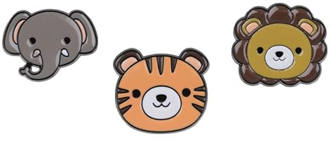 Large Wild Animal Themed Gift Set Collection Of 3 Pin Badges Including A Cute Lions Face, Happy Elephants Face And A Smiling Tiger